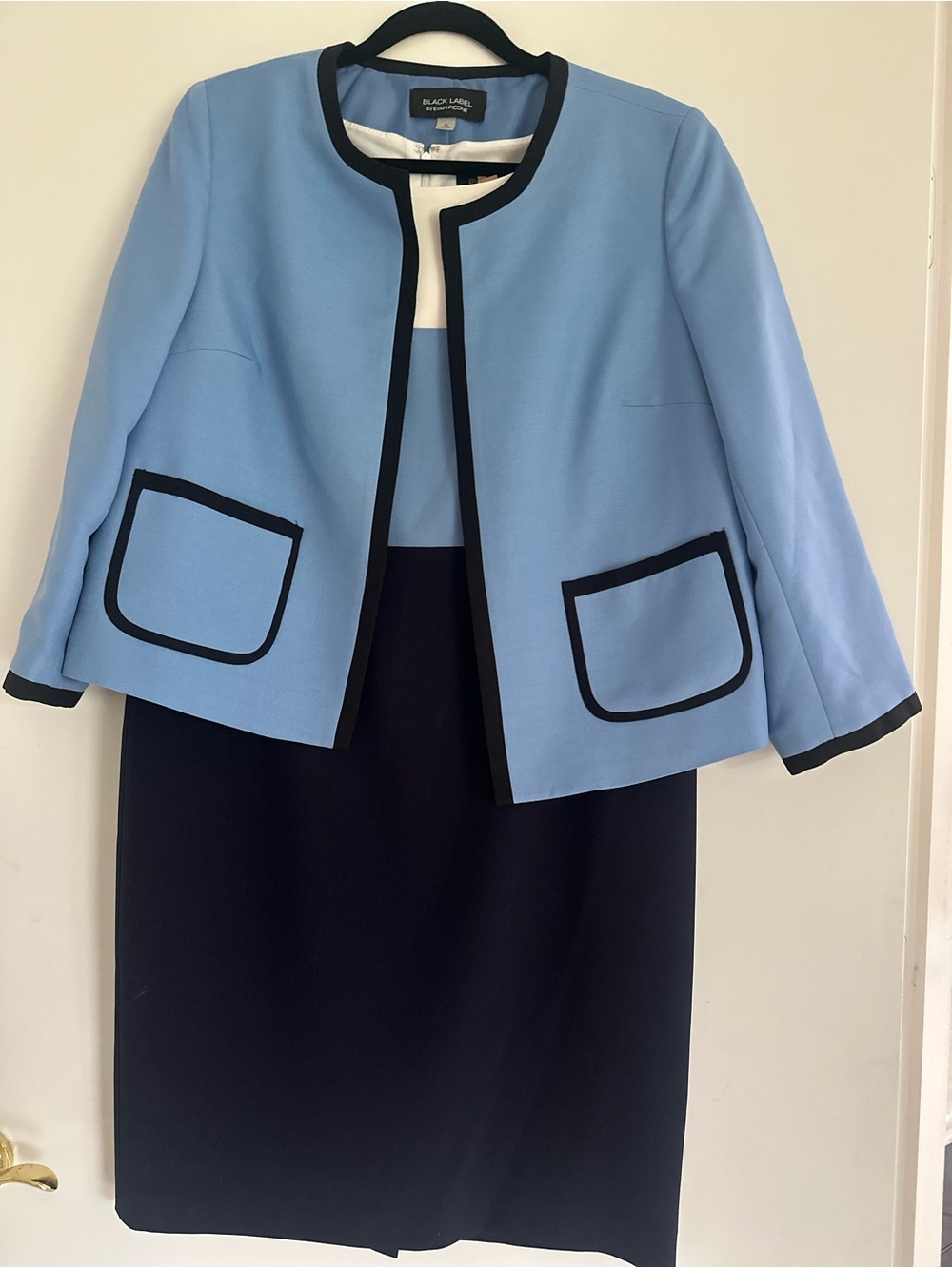 Black Label Light Blue Jacket with Black Trim and color block sheath dress